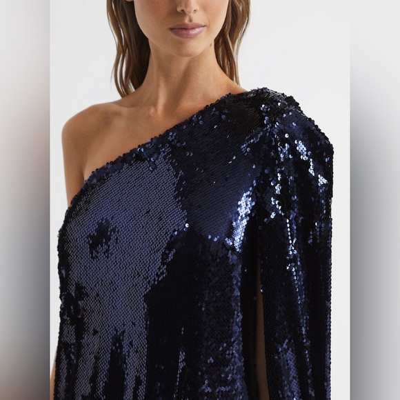 REISS Eva Sequin Cape One Shoulder Mini Dress in Blue Size 8 Party Holiday - Picture 3 of 8